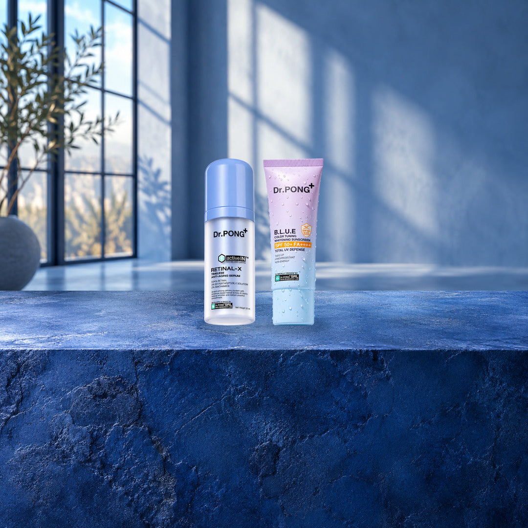 Dr.PONG Dr.PONG activeIN Retinal-X Timeless Serum 30 ml + B.L.U.E Sunscreen 25 g | Set lifestyle photo with product