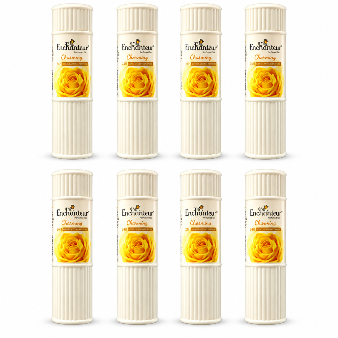 Enchanteur Charming Perfumed Talc 100 g – 8 Bottles on white background