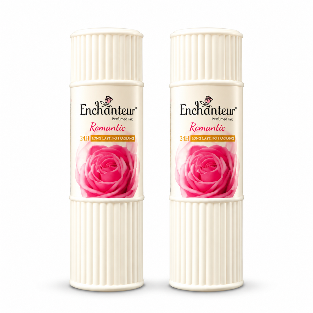 Enchanteur Romantic Perfumed Talc 100 g – 2 Bottles on white background