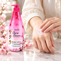 Scentio Cherry Blossom Lightening & Smooth Body Lotion 700 ml — cherry blossom body lotion being applied to a hand