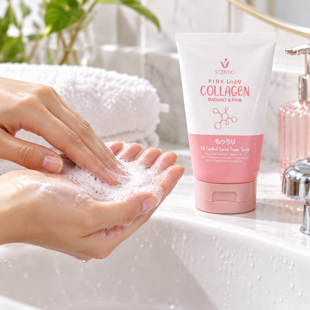 Scentio Pink Collagen Radiant & Firm Oil Control Facial Foam Scrub 100 ml — facial foam beside hands lathering cleanser at a sink