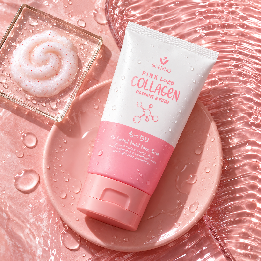 Scentio Pink Collagen Radiant & Firm Oil Control Facial Foam Scrub 100 ml — tube beside cleanser foam on a pink surface