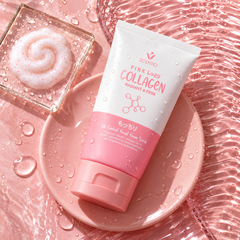 Scentio Pink Collagen Radiant & Firm Oil Control Facial Foam Scrub 100 ml — tube beside cleanser foam on a pink surface