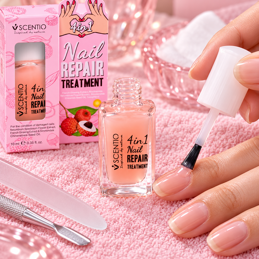 Scentio 4-in-1 Nail Repair Treatment 10 ml — nail treatment being brushed onto a fingernail