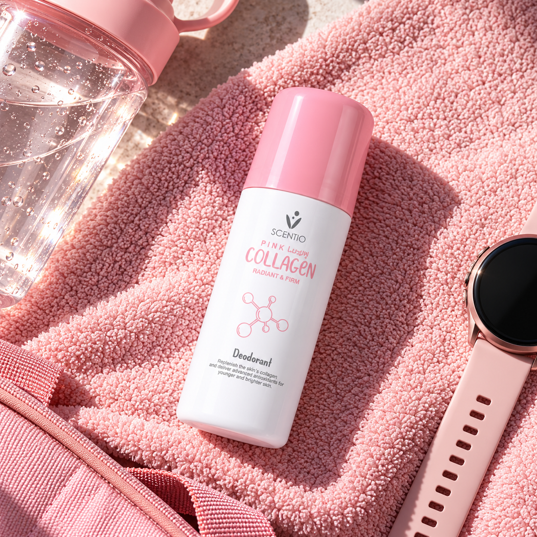 Scentio Pink Collagen Radiant & Firm Deodorant 50 ml — roll-on beside a pink towel and fitness accessories