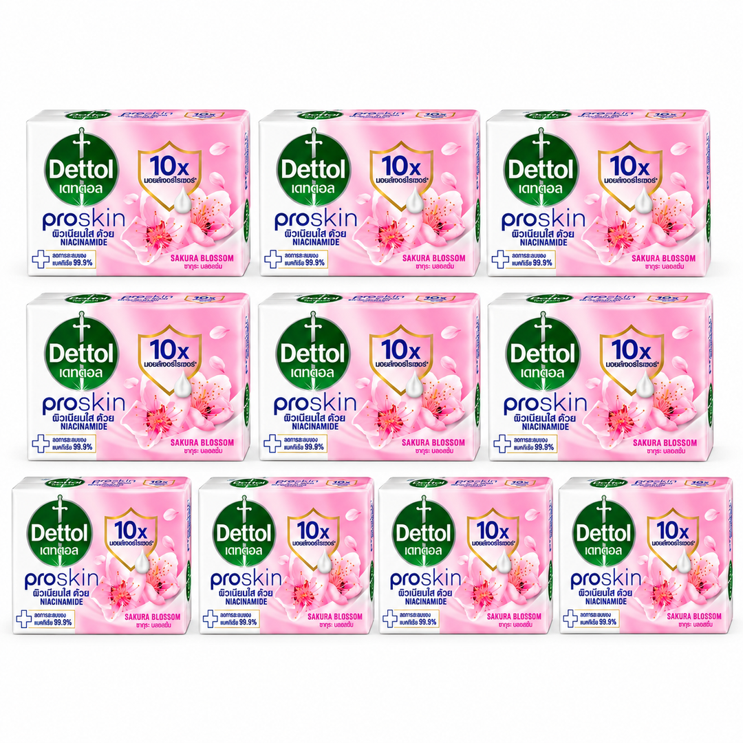 Dettol Proskin Replenishing Sakura Blossom Antibacterial Soap 105 g – 10 Bars — exact multipack quantity on a white background