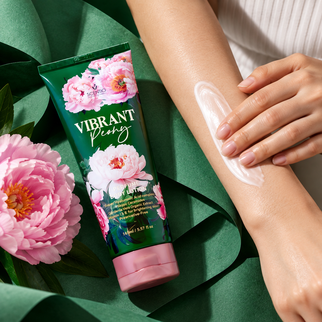 Scentio Vibrant Peony Perfume Body Lotion 165 ml — Vibrant Peony body lotion being applied to an arm