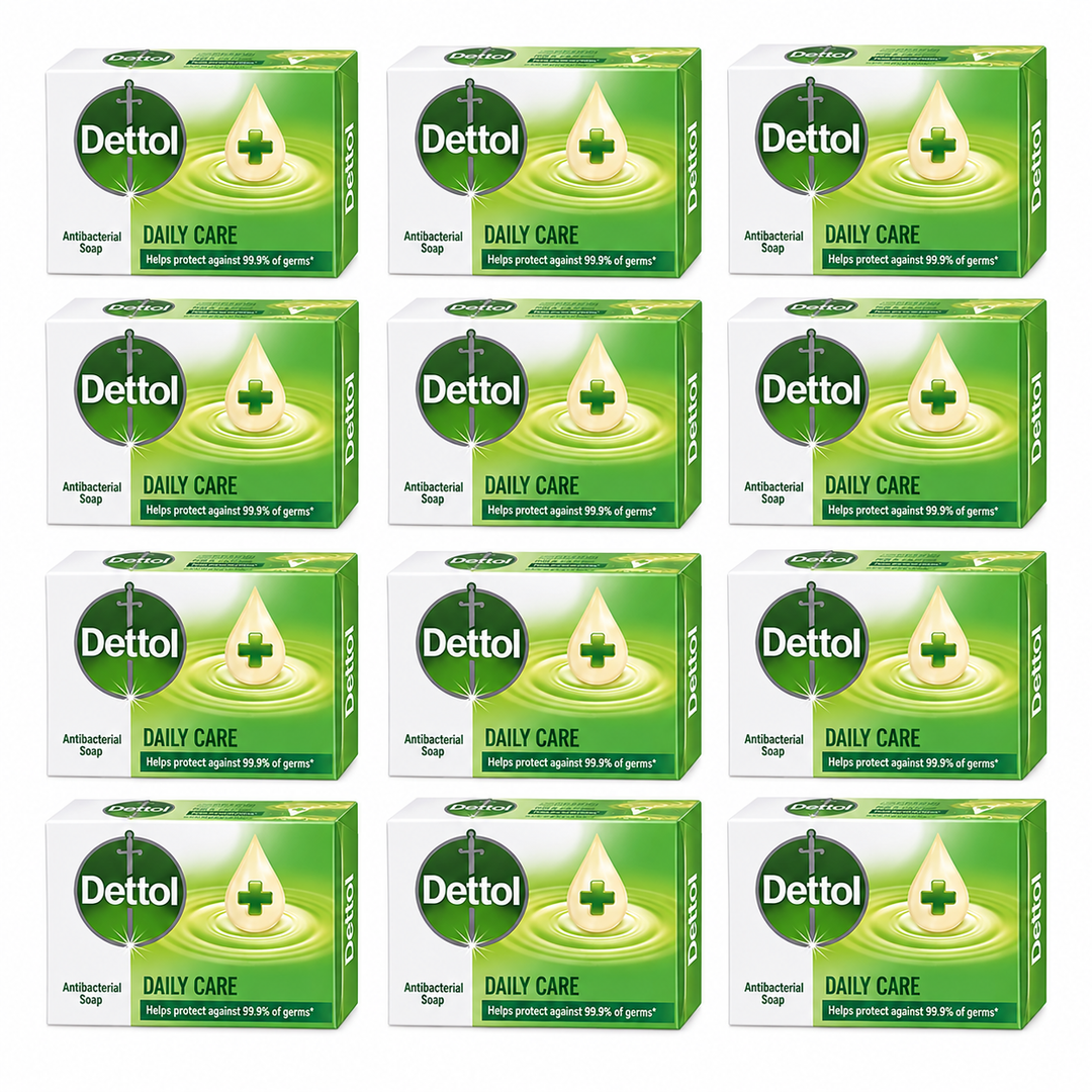 Dettol Daily Care Antibacterial Bar Soap 65 g – 12 Bars — exact multipack quantity on a white background
