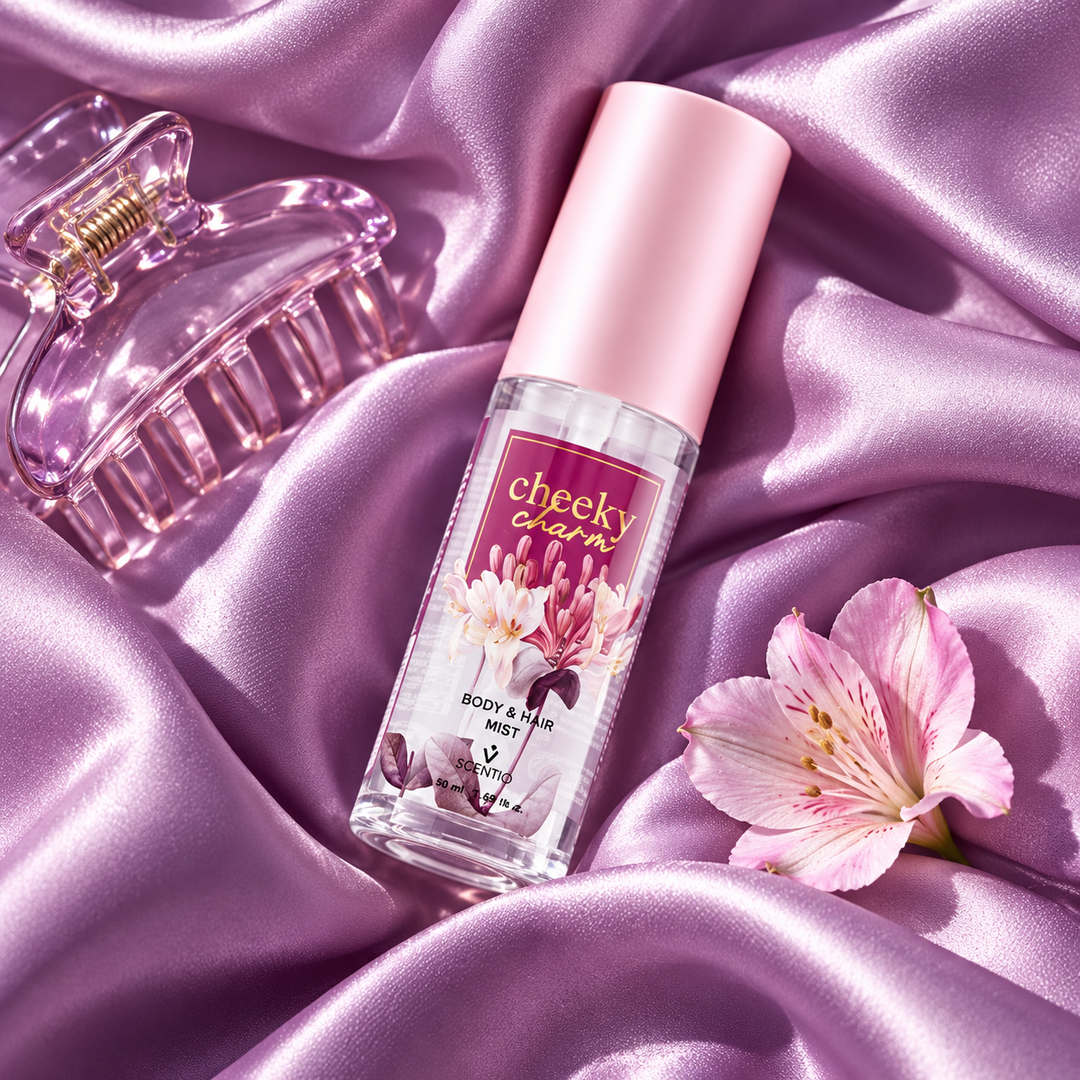 Scentio Cheeky Charm Body & Hair Mist 50 ml — mist bottle beside flowers on purple satin