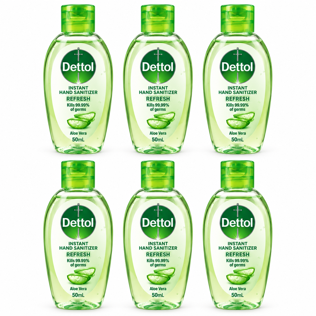 Dettol Refresh Aloe Vera Hand Sanitizer Gel 50 ml – 6 Bottles — exact multipack quantity on a white background
