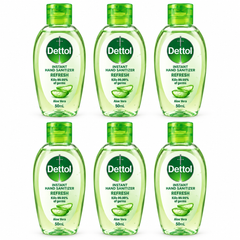 Dettol Refresh Aloe Vera Hand Sanitizer Gel 50 ml – 6 Bottles — exact multipack quantity on a white background