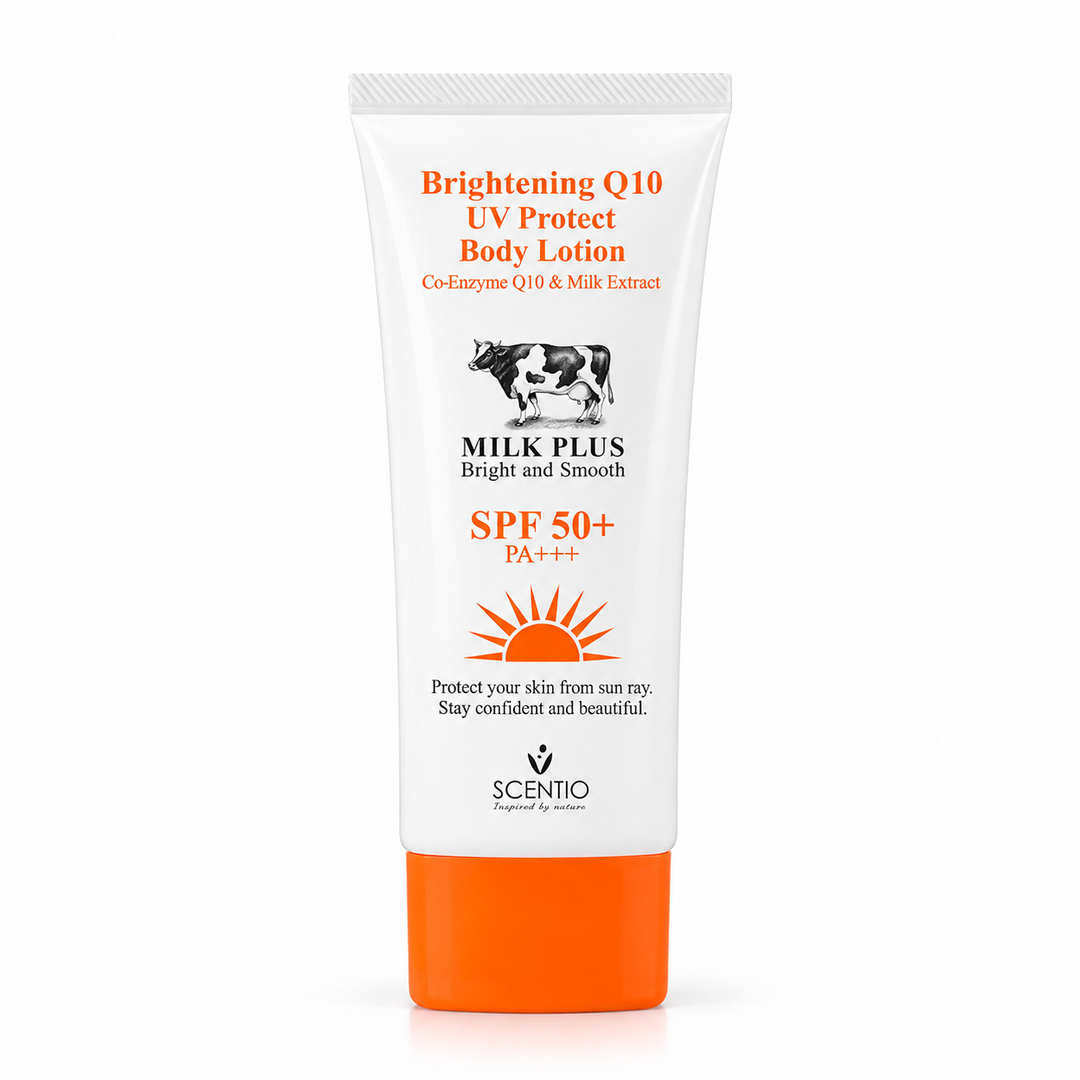 Scentio Milk Plus Q10 UV Protect Body Lotion SPF 50+ PA+++ 100 ml — on white background