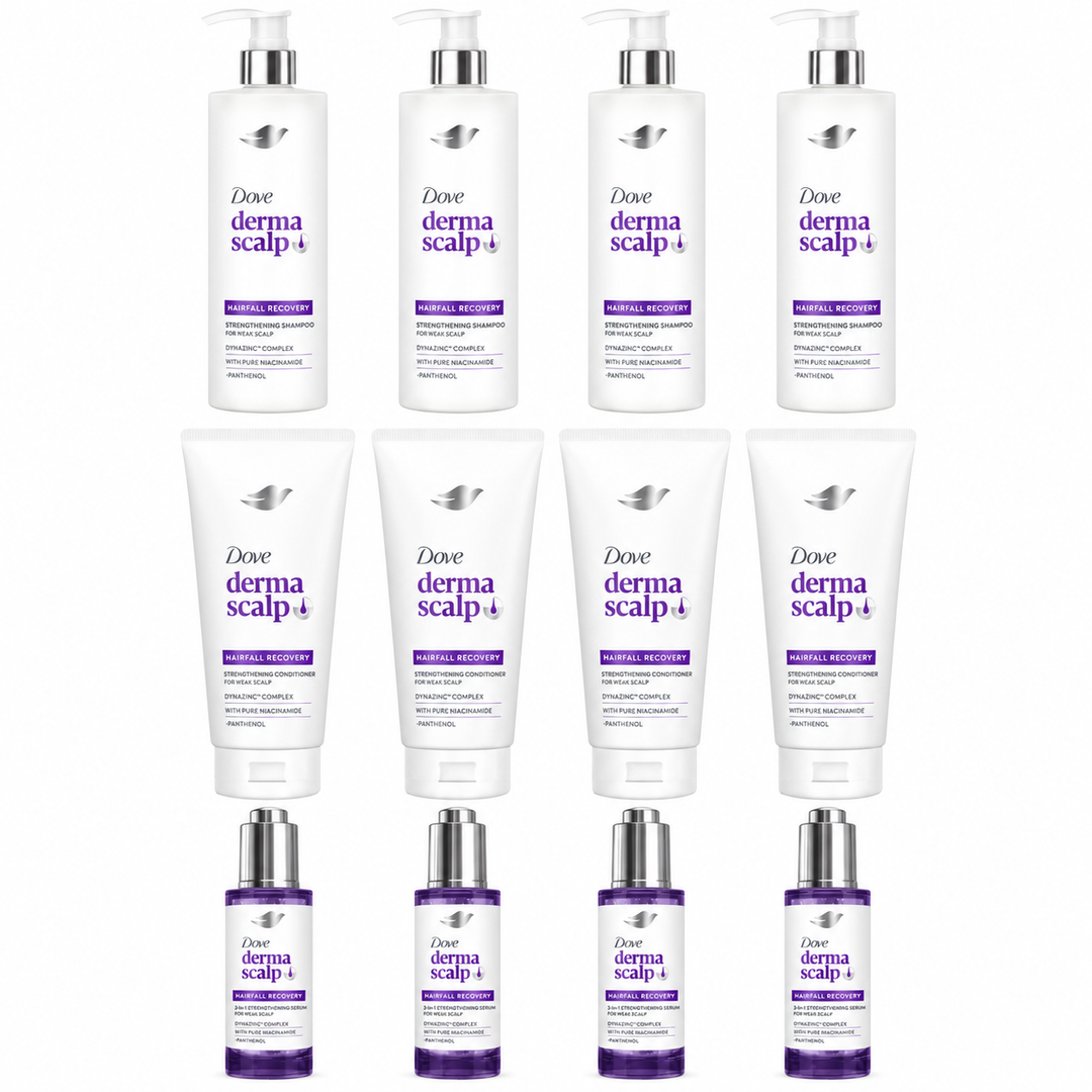 Dove Derma Scalp Care 3-Step Set - Shampoo 350 ml, Conditioner 350 ml & Serum 45 ml – 4 Sets — exact multipack quantity on a white background