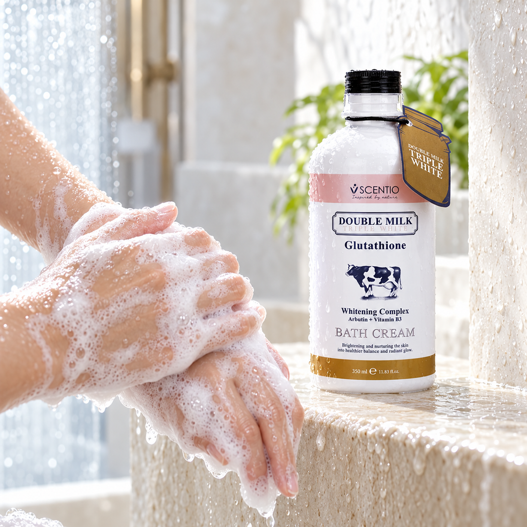 Scentio Double Milk Triple White Bath Cream 350 ml — bath cream beside lathered hands in a shower
