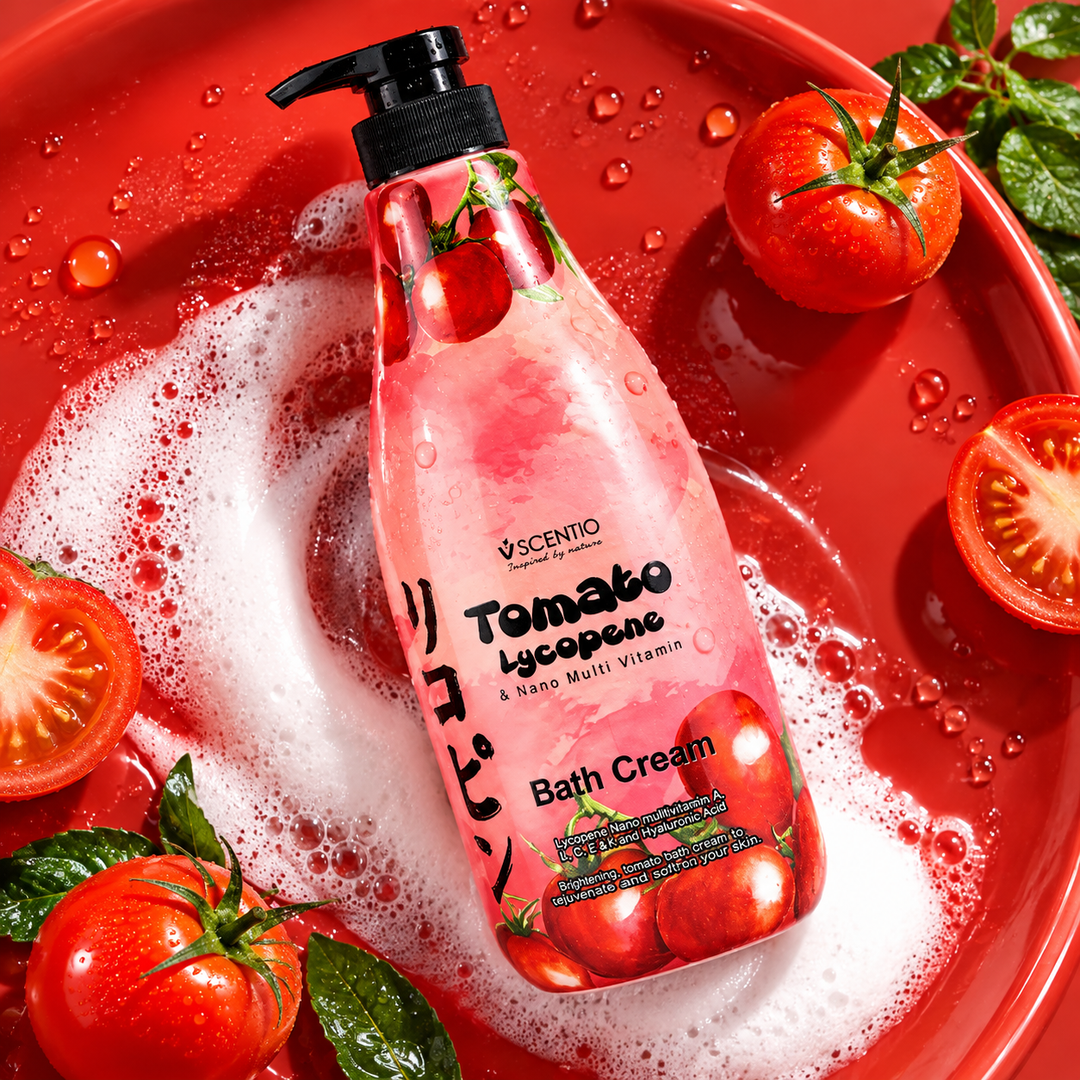 Scentio Tomato Lycopene & Nano Multi Vitamin Bath Cream 700 ml — bottle with tomatoes and bath foam