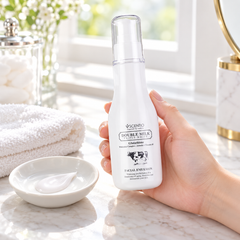 Scentio Double Milk Triple White Facial Emulsion 150 ml — facial emulsion bottle held on a bathroom counter
