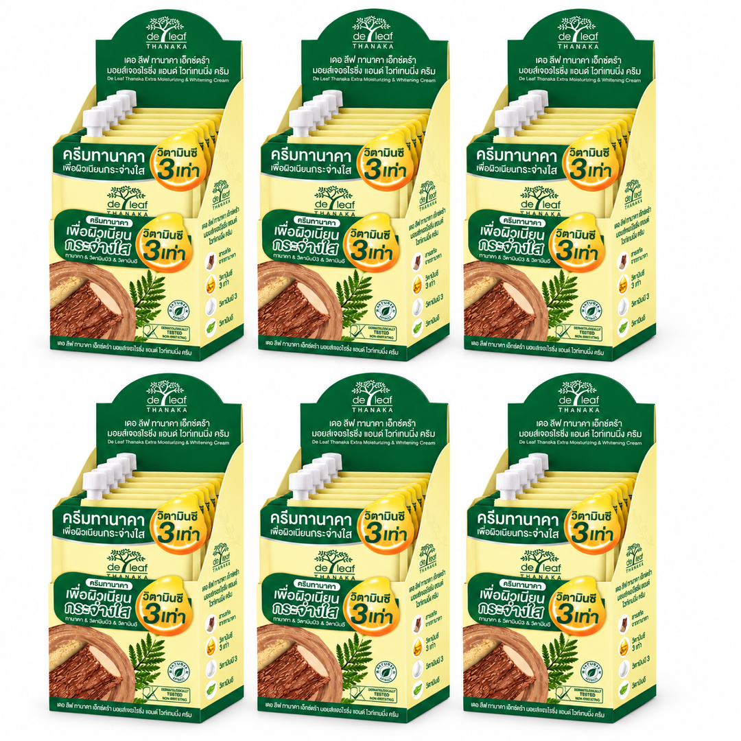 De Leaf Thanaka Moisturizing & Whitening Cream Sachets 6 × 7g – 6 Boxes (36 Sachets) — exact multipack quantity on a white background
