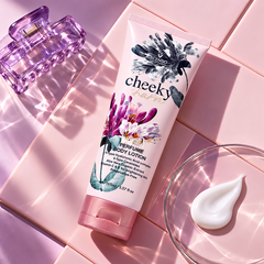Scentio Cheeky Charm Perfume Body Lotion 165 ml — tube beside flowers and lotion texture
