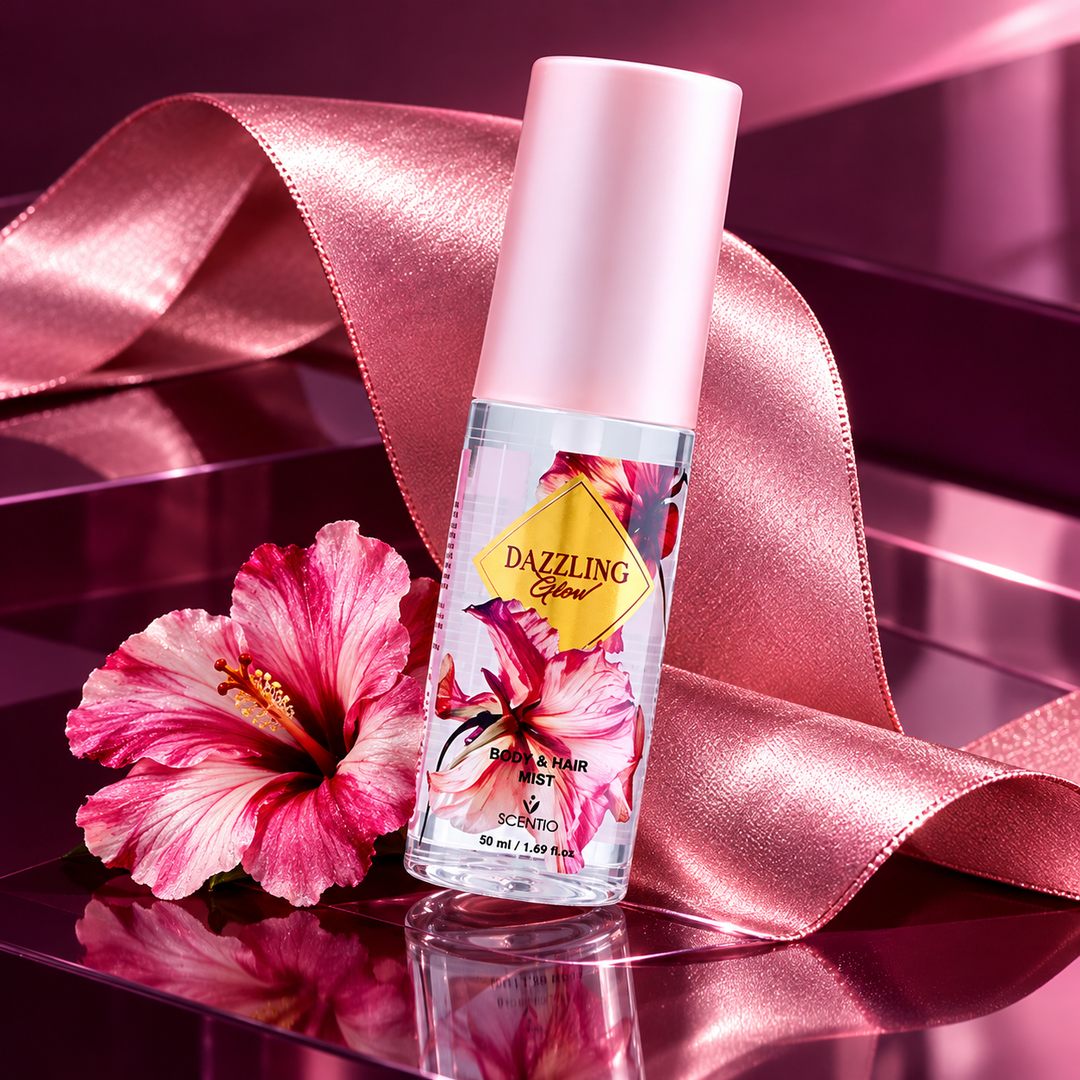 Scentio Dazzling Glow Body & Hair Mist 50 ml — mist bottle beside flowers on pink satin