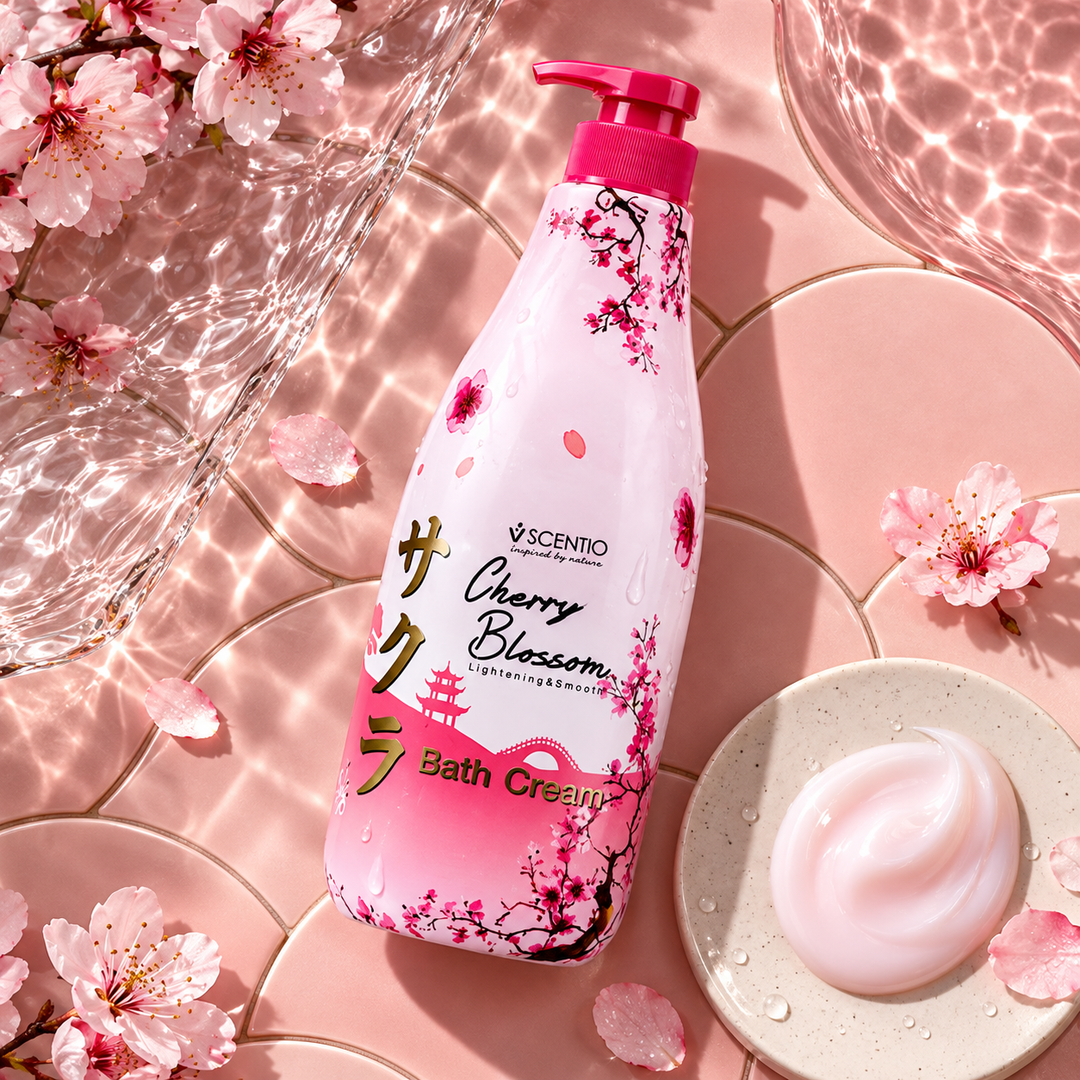 Scentio Cherry Blossom Lightening & Smooth Bath Cream 700 ml — bottle beside blossoms and bath foam