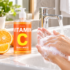 Scentio Vitamin C Body White Shower Serum 450 ml — shower serum beside lathered hands at a sink