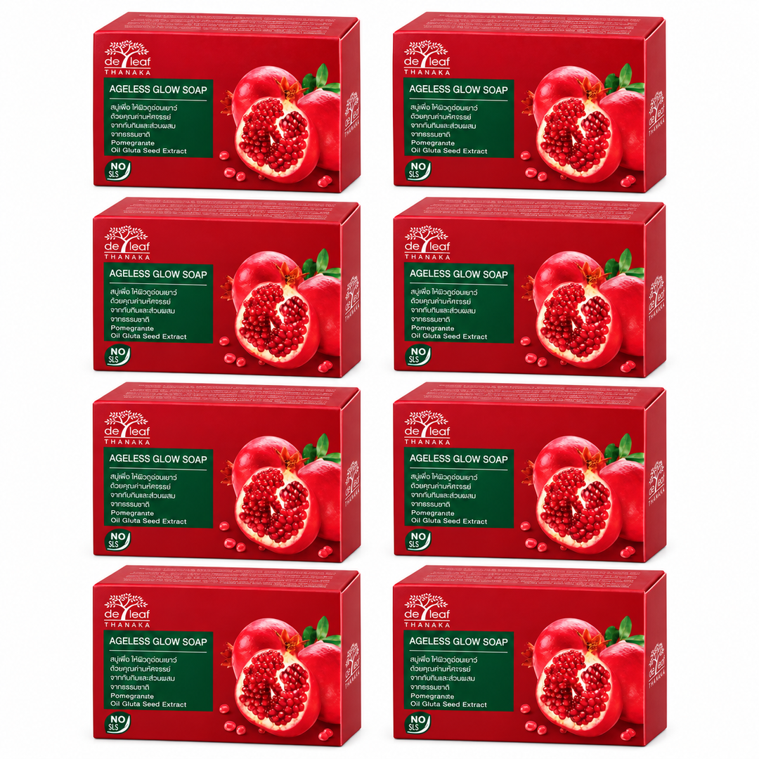 De Leaf Pomegranate Ageless Glow Soap 100g – 8 Bars — exact multipack quantity on a white background