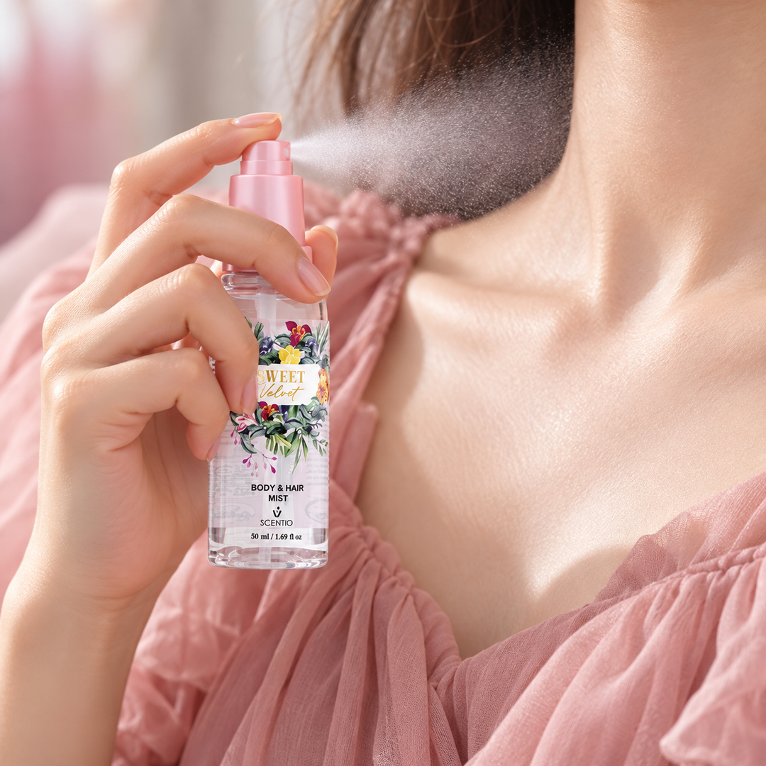 Scentio Sweet Velvet Body & Hair Mist 50 ml — Sweet Velvet mist being sprayed near the collarbone