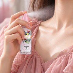 Scentio Sweet Velvet Body & Hair Mist 50 ml — Sweet Velvet mist being sprayed near the collarbone