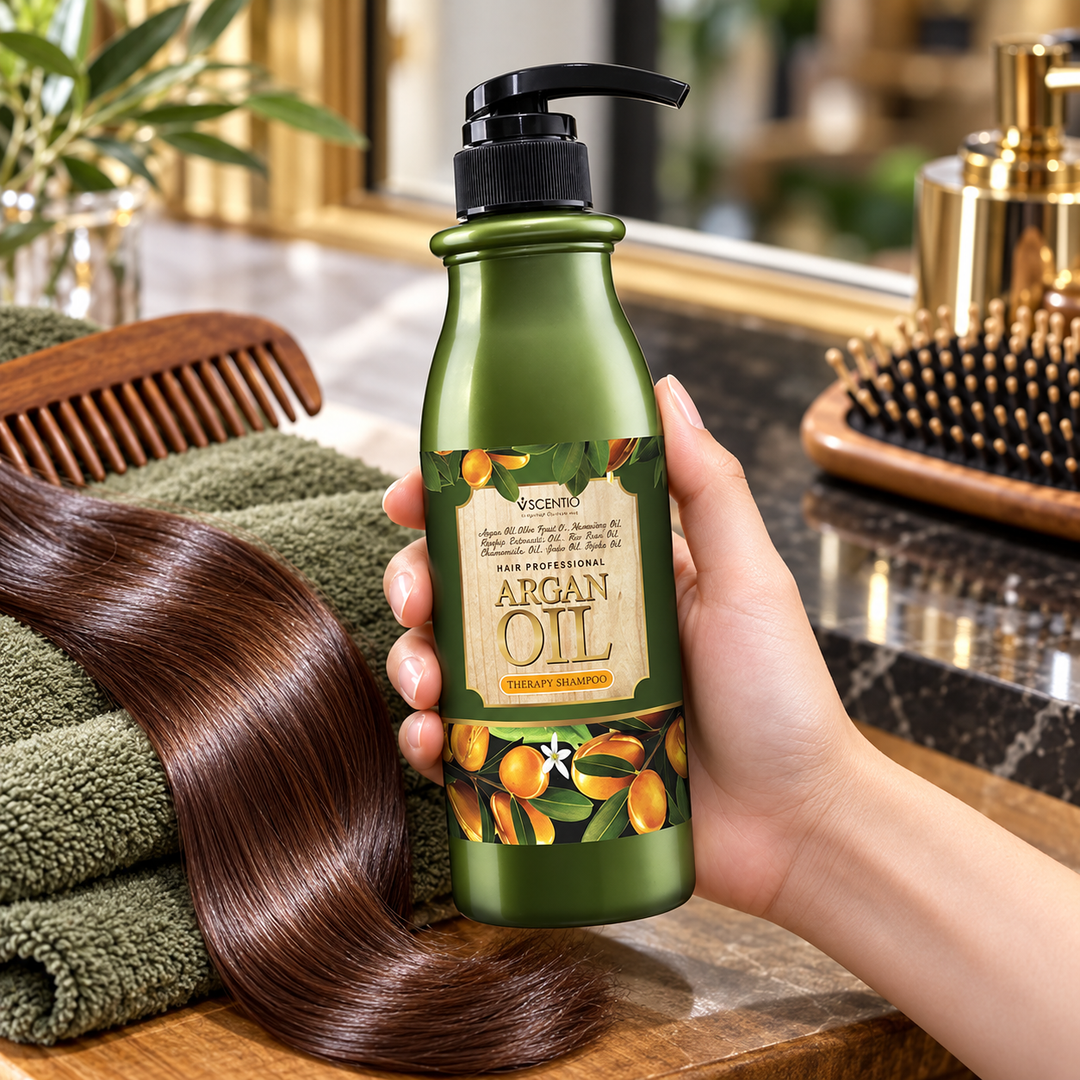 Scentio Hair Professional Argan Oil Therapy Shampoo 500 ml — shampoo bottle held beside a comb and hair
