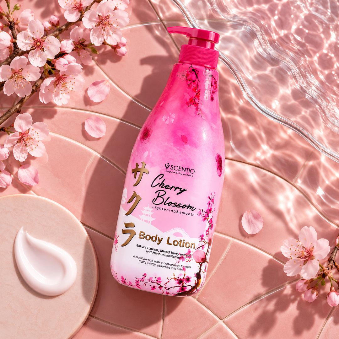 Scentio Cherry Blossom Lightening & Smooth Body Lotion 700 ml — bottle beside blossoms and lotion texture