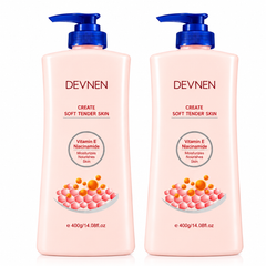 DEVNEN Vitamin E & Niacinamide Moisturizing Body Lotion 400 g – 2 Bottles — exact multipack quantity on a white background