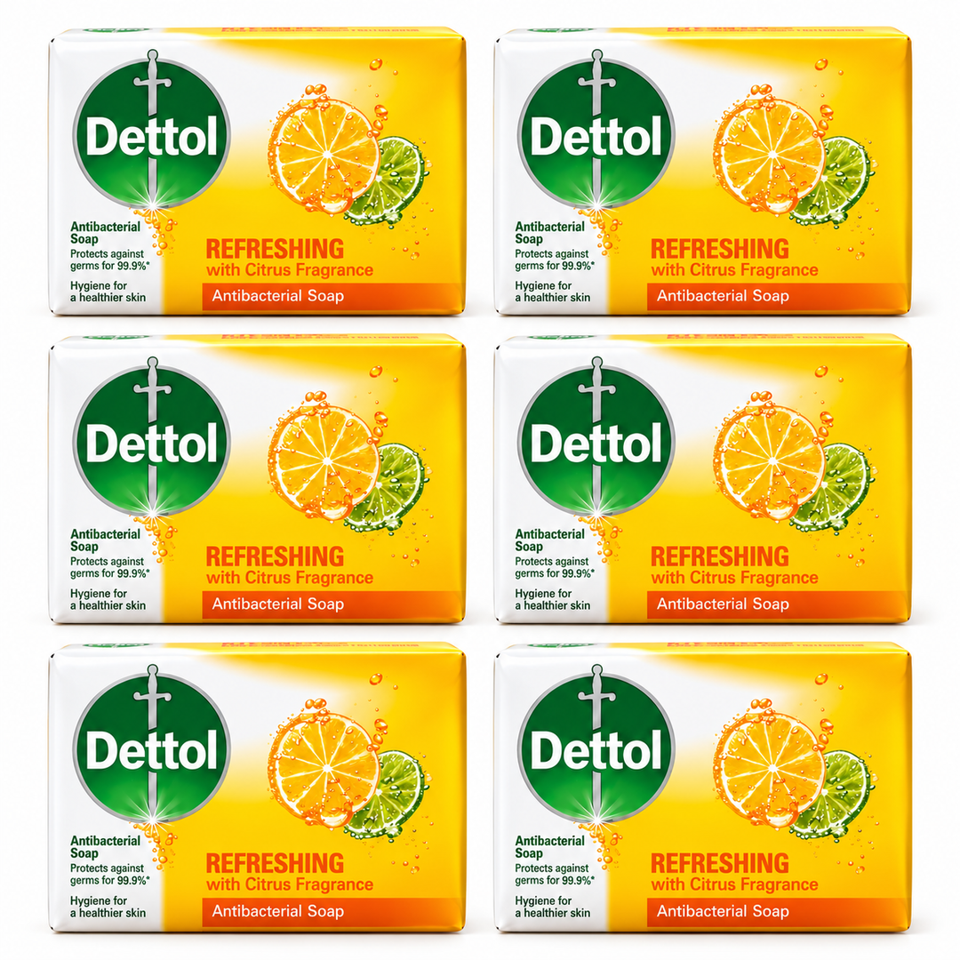 Dettol Refreshing Antibacterial Bar Soap 105 g – 6 Bars — exact multipack quantity on a white background
