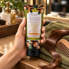 Scentio Hair Professional Argan Oil Therapy Conditioner 200 ml — conditioner tube held beside a comb and hair