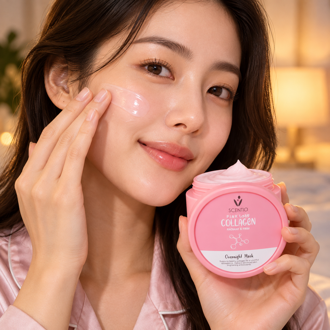 Scentio Pink Collagen Radiant & Firm Overnight Mask 100 ml — overnight mask being applied to the face