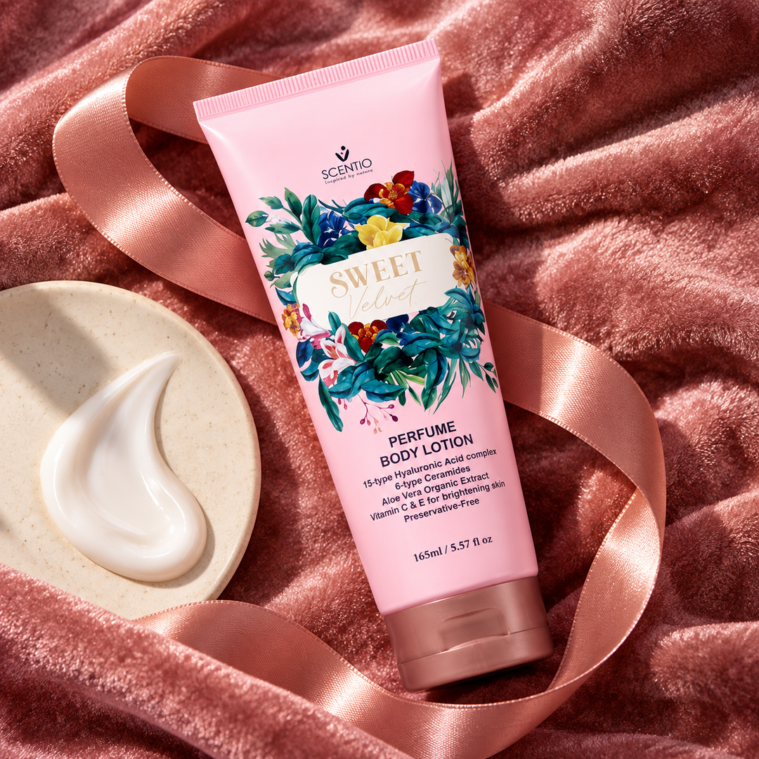 Scentio Sweet Velvet Perfume Body Lotion 165 ml — tube beside lotion texture on pink satin
