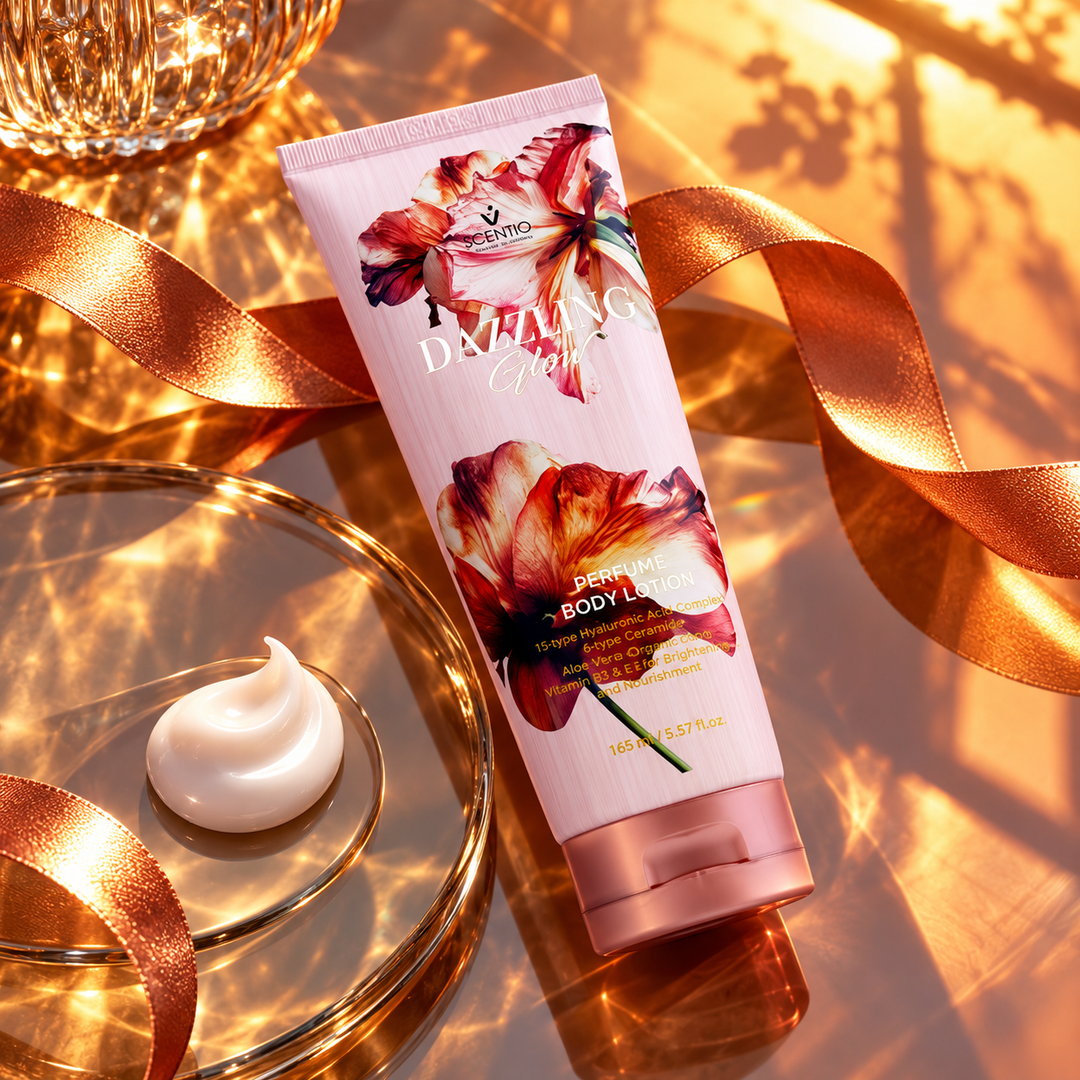 Scentio Dazzling Glow Perfume Body Lotion 165 ml — tube beside flowers and lotion texture on gold satin