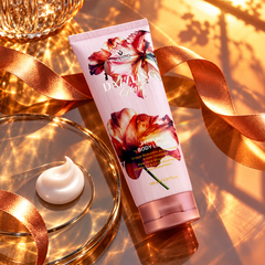 Scentio Dazzling Glow Perfume Body Lotion 165 ml — tube beside flowers and lotion texture on gold satin