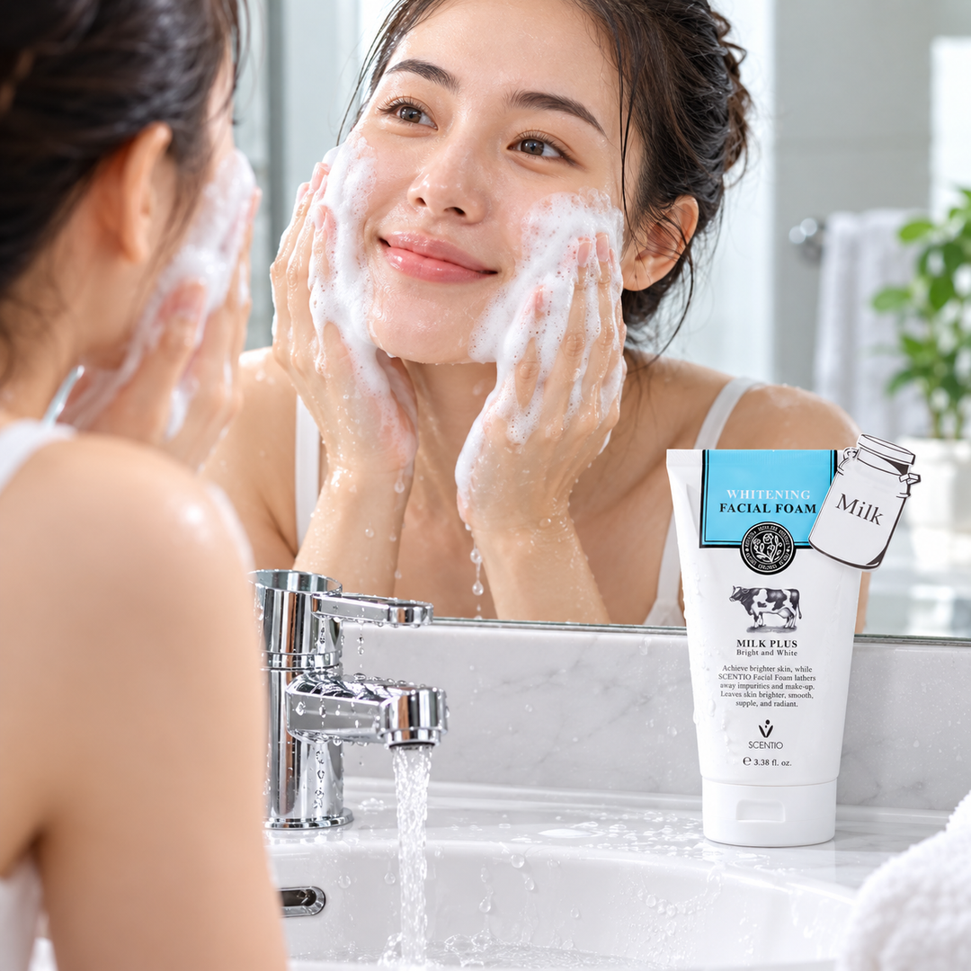 Scentio Milk Plus Whitening Q10 Facial Foam 100 ml — facial foam beside a woman washing her face