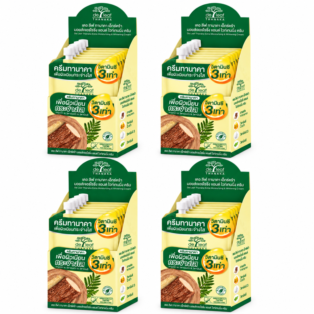 De Leaf Thanaka Moisturizing & Whitening Cream Sachets 6 × 7g – 4 Boxes (24 Sachets) — exact multipack quantity on a white background