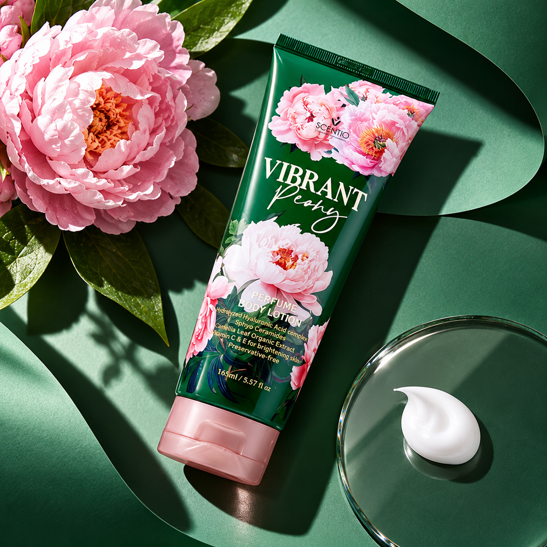 Scentio Vibrant Peony Perfume Body Lotion 165 ml — tube beside peonies and lotion texture