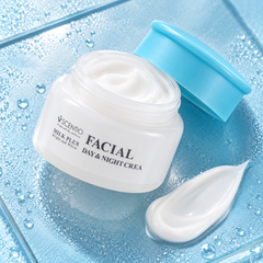 Scentio Milk Plus Bright And White Facial Day & Night Cream 50 ml — open jar showing cream texture on a blue surface