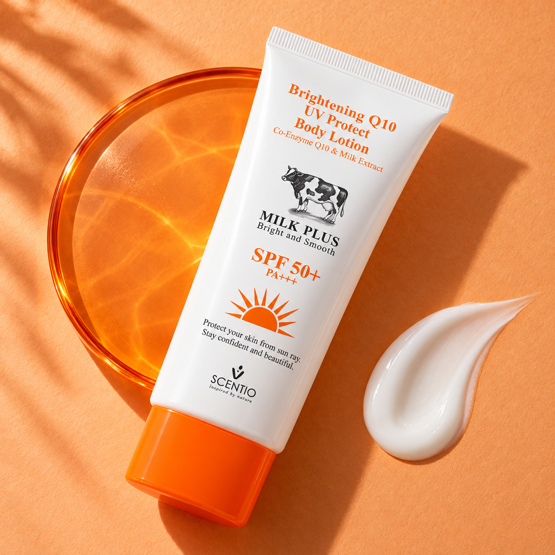 Scentio Milk Plus Q10 UV Protect Body Lotion SPF 50+ PA+++ 100 ml — tube beside lotion texture on an orange surface