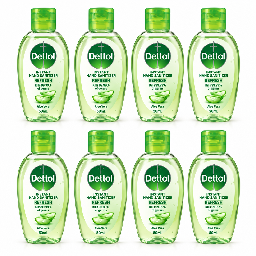 Dettol Refresh Aloe Vera Hand Sanitizer Gel 50 ml – 8 Bottles — exact multipack quantity on a white background