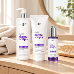 Dove Derma Scalp Care 3-Step Set - Shampoo 350 ml, Conditioner 350 ml & Serum 45 ml — supporting product image; pack contents stated in title