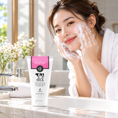 Scentio Milk Glow Radiance Facial Foam 100 ml — facial foam beside a woman washing her face