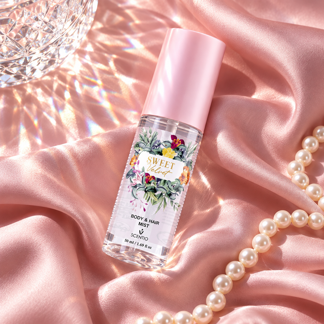 Scentio Sweet Velvet Body & Hair Mist 50 ml — mist bottle beside pearls and flowers on pink satin