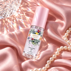 Scentio Sweet Velvet Body & Hair Mist 50 ml — mist bottle beside pearls and flowers on pink satin