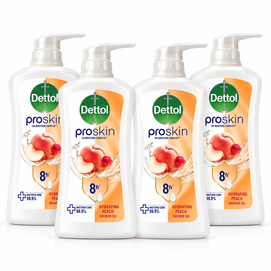 Dettol Proskin Hydrating Peach Shower Gel 450 g – 4 Bottles — exact multipack quantity on a white background