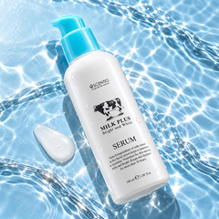 Scentio Milk Plus Bright And Smooth Serum 100 ml — serum bottle beside a cream swatch on a blue surface