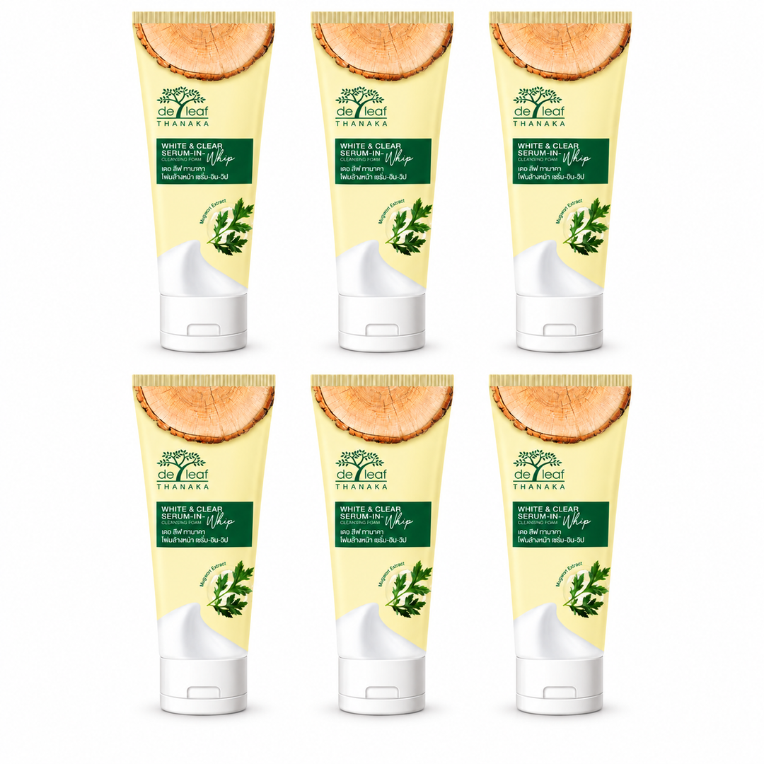 De Leaf Thanaka White & Clear Serum-in-Whip Cleansing Foam 100g – 6 Tubes — exact multipack quantity on a white background